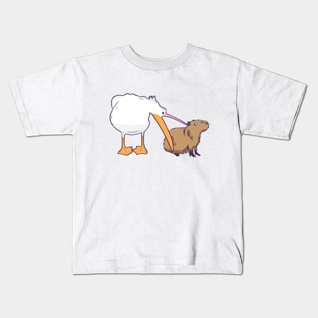 Pelican Tries to Eat Capybara Funny Cute Kawaii Meme Kids T-Shirt by alltheprints